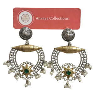 Dual-Tone Pearl Drop Earrings, Traditional Design with Ruby Centre (Green), Silver and Gold Finish
