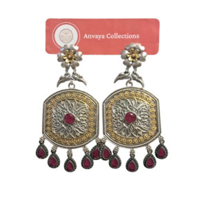 Dual-Tone Floral Earrings with Ruby Centre and Emerald Red Drops, Traditional Design