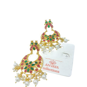 Anvaya Collections Traditional Peacock Chandbali Earrings with Pink Green Stones & Pearls