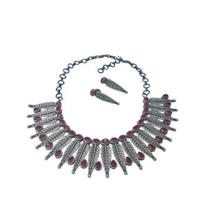 Traditional Oxidized Brass Feather Necklace Set with Red Stones