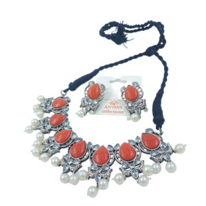Coral Statement Necklace Set with Pearl Drops, Silver-Toned Crystal Accents, Black Thread