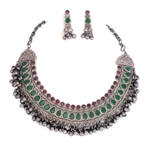 Antique Brass Necklace Set with Red and Green Stones with Ghungroo Bells