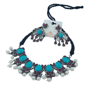 Oxidized Brass Necklace Set with Blue Stones, Red Accents, and Pearls – Traditional Jewelry for Women