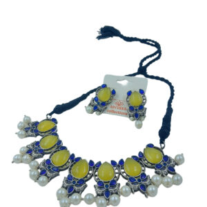 Coral Statement Necklace Set with Pearl Drops, Silver-Toned Crystal Accents, Black Thread and yellow stone