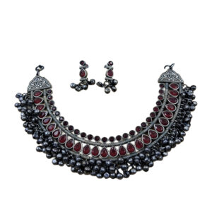 Antique Brass Necklace Set with Red Stones with Ghungroo Bells