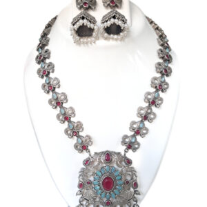 Traditional Oxidized Brass Necklace Set with Red and Blue Stones