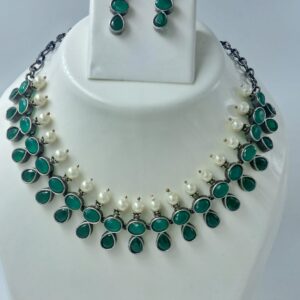 Traditional Oxidized Brass Necklace Set with Green Stones and Pearls for Women – Ethnic Jewelry