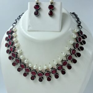 Traditional Oxidized Brass Necklace Set with Red Stones and Pearls for Women – Ethnic Jewelry.