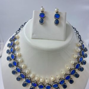 Traditional Oxidized Brass Necklace Set with Blue Stones and Pearls for Women – Ethnic Jewelry