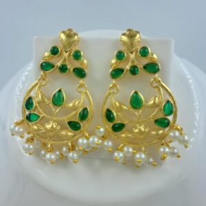 Anvaya Collections Oxidized  Earrings with Green Stone Floral Design and Pearl Drops