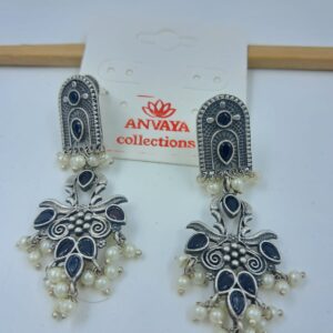 Oxidized Silver Dangle Earrings with Black Stones and Pearl Beads.