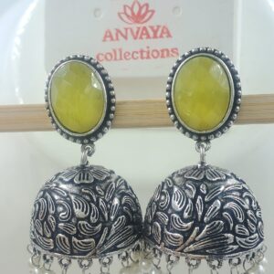 Elegant Oxidized Brass Jhumka Earrings with Yellow Stone Studs and Pearl Dangling Detailing