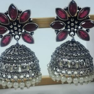 Oxidized Brass Jhumka Earrings with Red Stones and Pearl Beads for Women