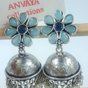 Oxidized Brass Jhumka Earrings with Blue Floral Design and Pearls – Traditional Ethnic Jewelry for Women