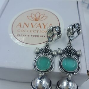 Vintage Style Jhumka Earrings, Oxidised Silver, Turquoise Stone, Traditional Indian Dangle Earrings
