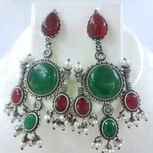 Elegant Oxidized Brass Earrings with Green & Red Gemstones for Traditional.