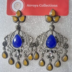 Traditional Oxidized Brass Peacock Earrings with Blue and Yellow Stones – Ethnic Indian Jewelry for Women