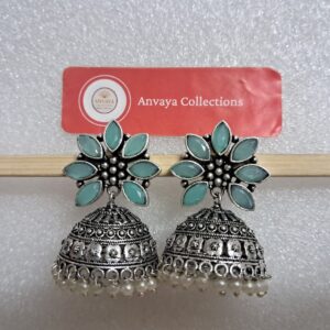 Oxidized Brass Jhumka Earrings with Blue Stones and Pearl Beads for Women