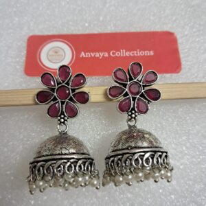Oxidized Brass Jhumka Earrings with Red Floral Design and Pearls – Traditional Ethnic Jewelry for Women