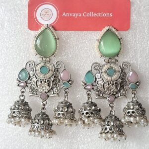 Traditional Oxidized Brass Jhumka Earrings with Mint Pink, Blue and Green Stones – Ethnic Indian Jewelry for Women & Girls
