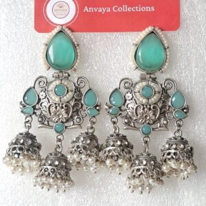Traditional Oxidized Brass Jhumka Earrings with Mint Blue Stones – Ethnic Indian Jewelry for Women & Girls
