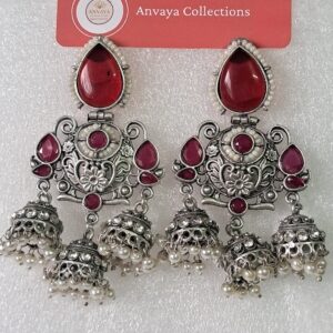 Traditional Oxidized Brass Jhumka Earrings with Mint Red Stones – Ethnic Indian Jewelry for Women & Girls