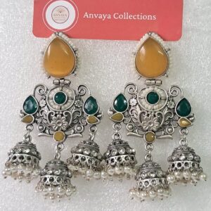 Traditional Oxidized Brass Jhumka Earrings with Mint Green and Yellow Stones – Ethnic Indian Jewelry for Women & Girls