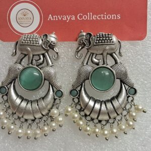 Oxidized Silver Elephant Earrings with Blue Stone and Pearl Drops, Traditional Chandelier Design