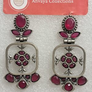 Vintage Style Ruby Red Crystal Drop Earrings, Antique Silver Tone, Floral Design.