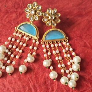Designer Pearl Drop Earrings, Gold-Plated, Turquoise Semi-Circle with Crystal Flower Studs, Traditional Indian