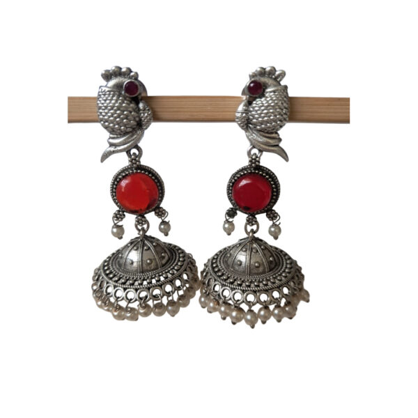 Anvaya Collections Oxidized Brass Peacock Jhumka Earrings with Red Stone and Pearl Drops – Ethnic Indian Jewelry