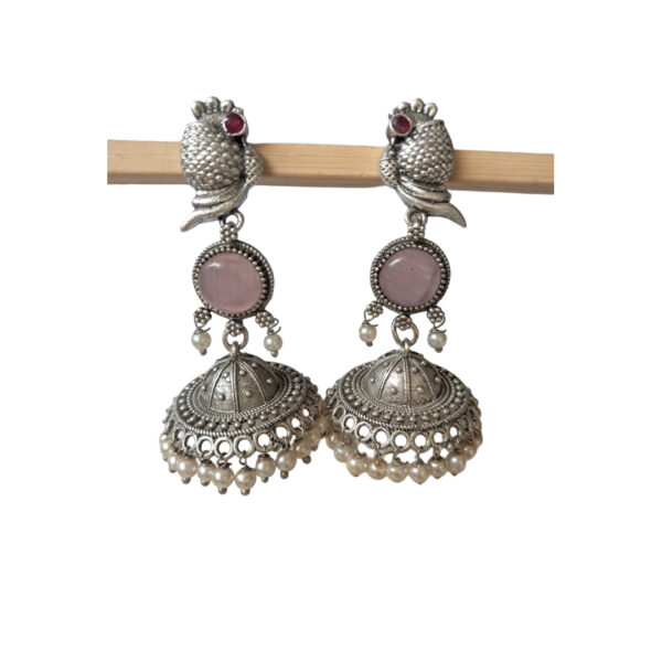 Anvaya Collections Oxidized Brass Peacock Jhumka Earrings with Pink-Red Stone and Pearl Drops – Ethnic Indian Jewelry