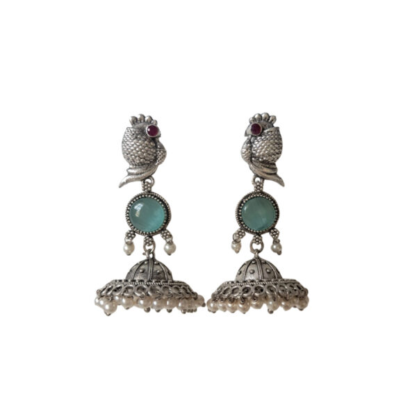 Anvaya Collections Oxidized Brass Peacock Jhumka Earrings with Blue-Red Stone and Pearl Drops – Ethnic Indian Jewelry