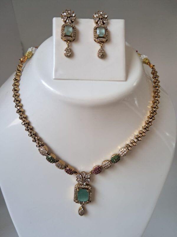 Necklace and Earrings Set with Green Stone Pendant, Beaded Design Jewellery for Women