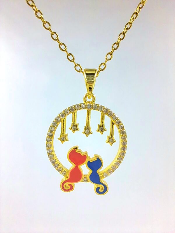Anti Tarnish, Romantic Cat Couple Pendant Necklace, Red and Blue Enamel Cats Under Stars Design
