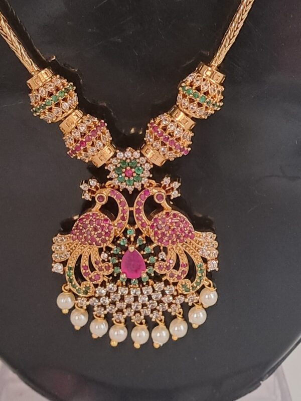 South Indian Peacock Design Necklace Set with Matching Earrings,  Jewelry with Pink Stones, Green Stones and Pearl Drops