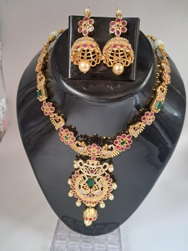 Necklace Set with Pink Floral Design, Pearl Accents, Antique Finish Jewelry Set for Women