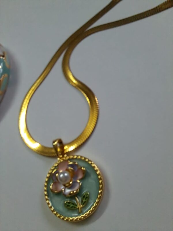 Anti Tarnish, Elegant Floral Pearl Pendant Necklace,Chain with Mint Green Enamel Medallion, Fashion Jewelry