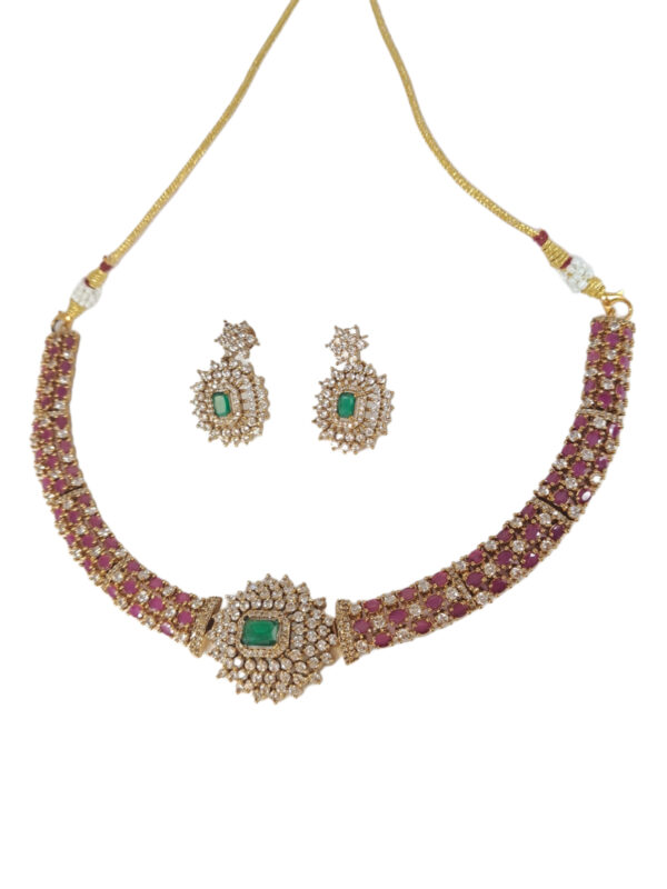 Brass Necklace and Earrings Set, Red with Green Stone, Gold Tone Finish