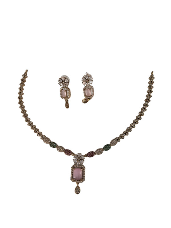 Necklace and Earrings Set with Pink Stone Pendant, Beaded Design Jewellery for Women