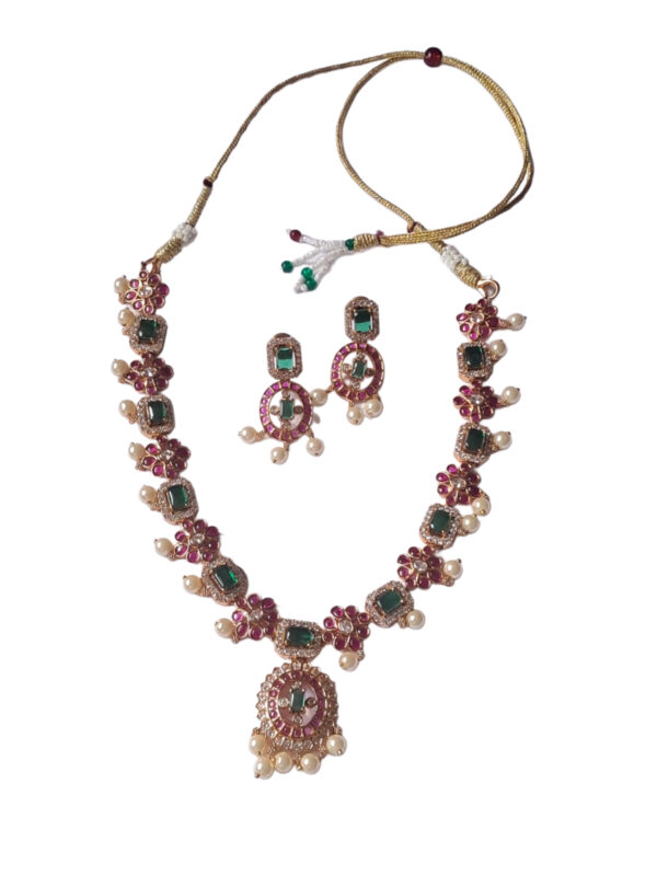 Necklace and Earrings Set for Women, Gold Tone with Green and Ruby Stones, Pearl Drops