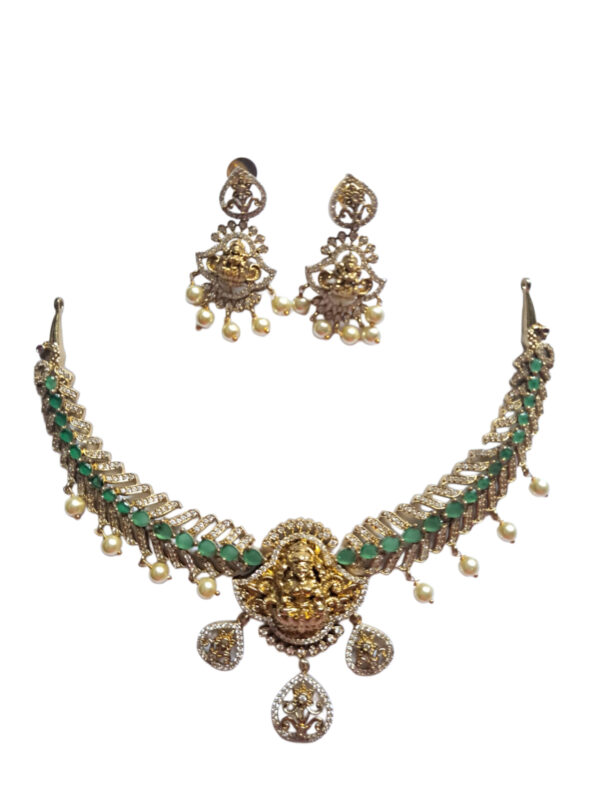 Necklace and Earrings Set with Green Stones and Pearl Drops, Indian Jewellery for Women