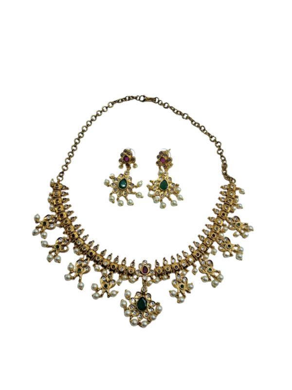 Traditional Gold Tone Necklace and Earrings Set with Green and Red Stones, Pearl Drops, Kundan Work Jewellery for Women
