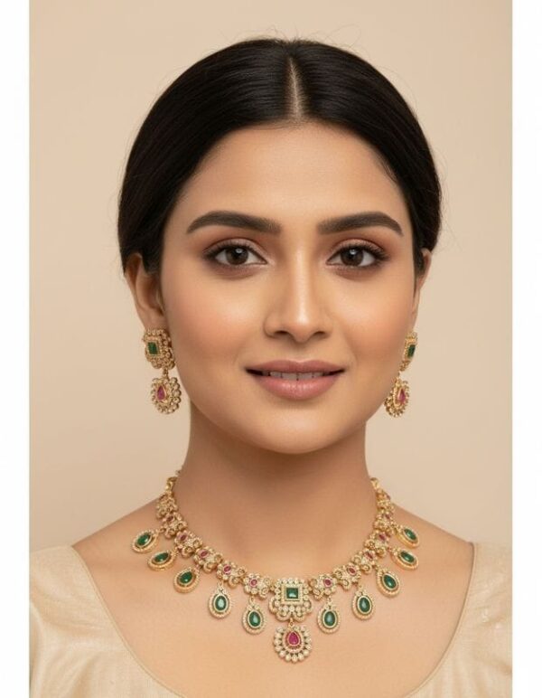 Necklace Earrings Jewellery Set for Women, Gold Tone with Green and Pink Stones, Adjustable Dori Chain